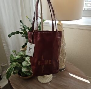 HOBO Burgundy Leather Tote with LOVE HOME Graphic